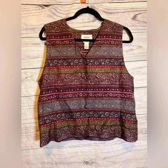 100% Silk Paisley Vest 14 Talbots Striped Button-up Purple Green Satin - Picture 1 of 7